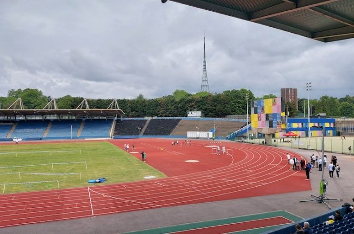 Athletics track at Crystal Palace athletics stadium with transmitting station in background