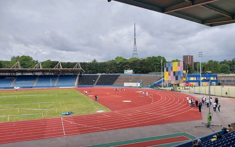 Athletics track at Crystal Palace athletics stadium with transmitting station in background