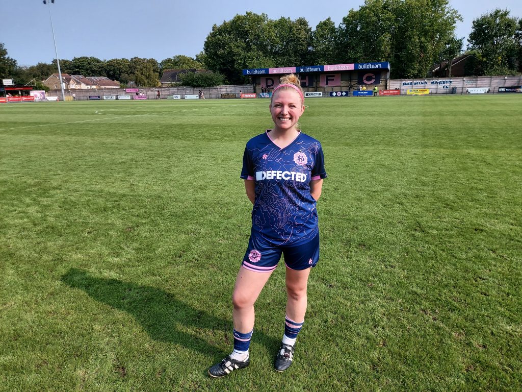 Dulwich Hamlet Women player Erin Corrigan standing on Champion Hill pitch