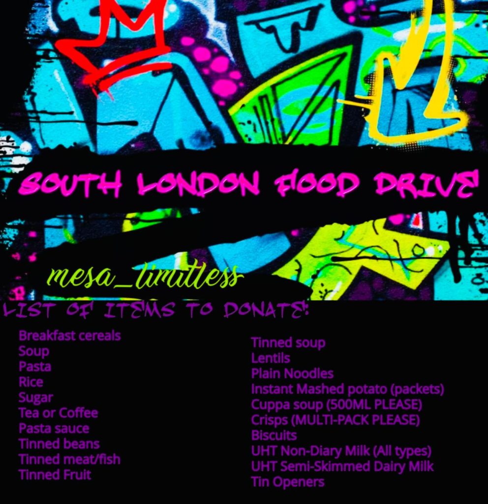 South london food drive graphic with colourful graffiti and list of food items needed