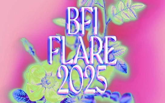 A vibrant promotional graphic for BFI Flare 2025, the LGBTQ+ film festival hosted by the British Film Institute. The text “BFI FLARE 2025” is displayed in a neon, glowing font over a stylized, colorful image of flowers and leaves with a pink and blue color scheme.