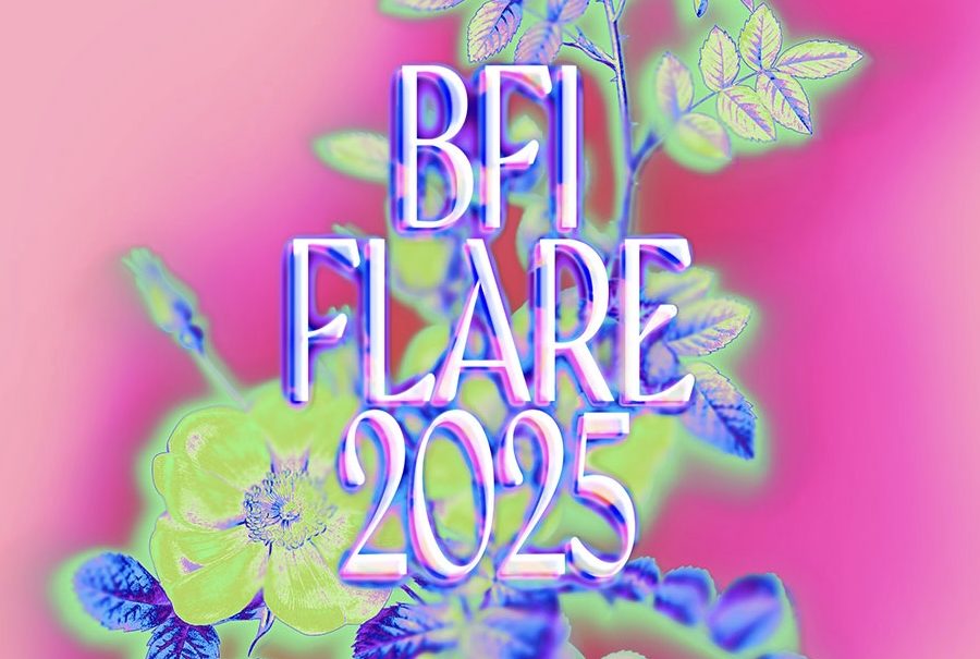 A vibrant promotional graphic for BFI Flare 2025, the LGBTQ+ film festival hosted by the British Film Institute. The text “BFI FLARE 2025” is displayed in a neon, glowing font over a stylized, colorful image of flowers and leaves with a pink and blue color scheme.